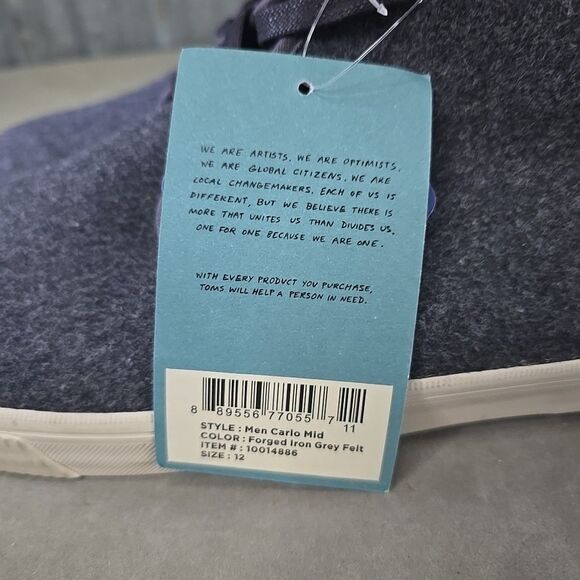 TOMS Carlo Mid Terrain Grey Felt Lace Up Sneakers Casual Chukka Shoes Mens Sz 12 main image 3